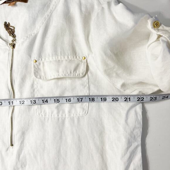 Ellen Tracy Linen Pullover Tunic Blouse White Sz L Half Zip Roll Tab Sleeves - Picture 11 of 12